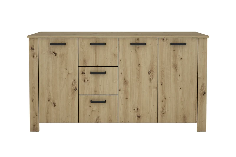 Sideboard FARO / Artisan Eiche (Eiche-Optik) oder weiß, Absetzung in schwarz / Stollenoptik / 3 Türen und 3 Schubkästen / verstellbare Einlegeböden / viel Stauraum / Kommode / Anrichte / Maße: B 160, H 84, T 40 cm