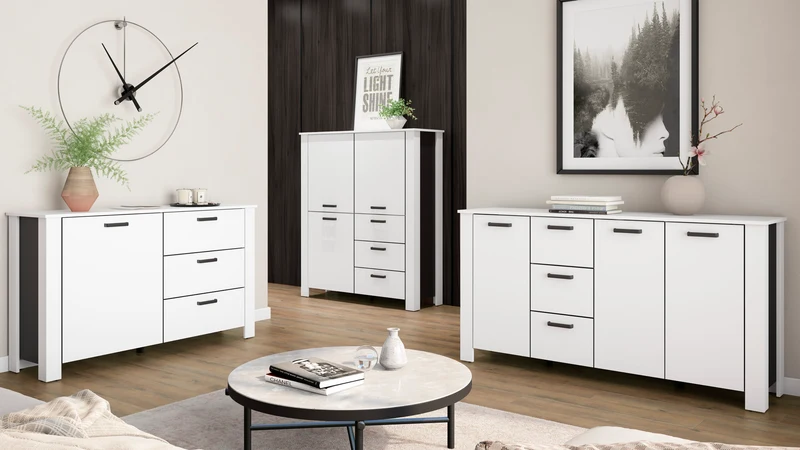Sideboard FARO / Artisan Eiche (Eiche-Optik) oder weiß, Absetzung in schwarz / Stollenoptik / 3 Türen und 3 Schubkästen / verstellbare Einlegeböden / viel Stauraum / Kommode / Anrichte / Maße: B 160, H 84, T 40 cm