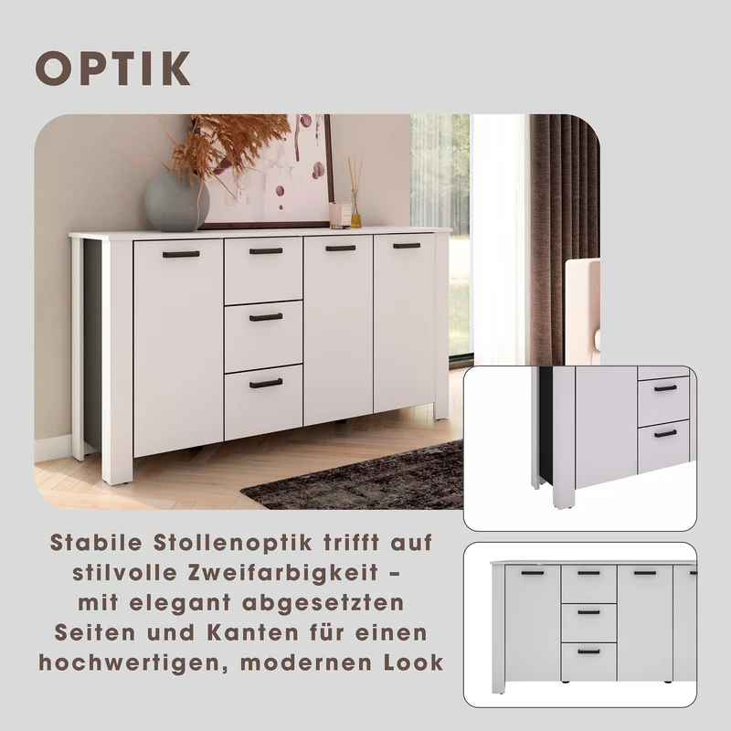 Sideboard FARO / Artisan Eiche (Eiche-Optik) oder weiß, Absetzung in schwarz / Stollenoptik / 3 Türen und 3 Schubkästen / verstellbare Einlegeböden / viel Stauraum / Kommode / Anrichte / Maße: B 160, H 84, T 40 cm