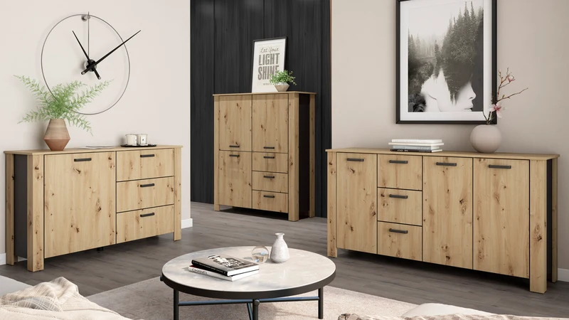 Sideboard FARO / Artisan Eiche (Eiche-Optik) oder weiß, Absetzung in schwarz / 1 Tür und 3 Schubkästen / verstellbare Einlegeböden / viel Stauraum / Kommode / Anrichte / Maße: B 140, H 84, T 40 cm