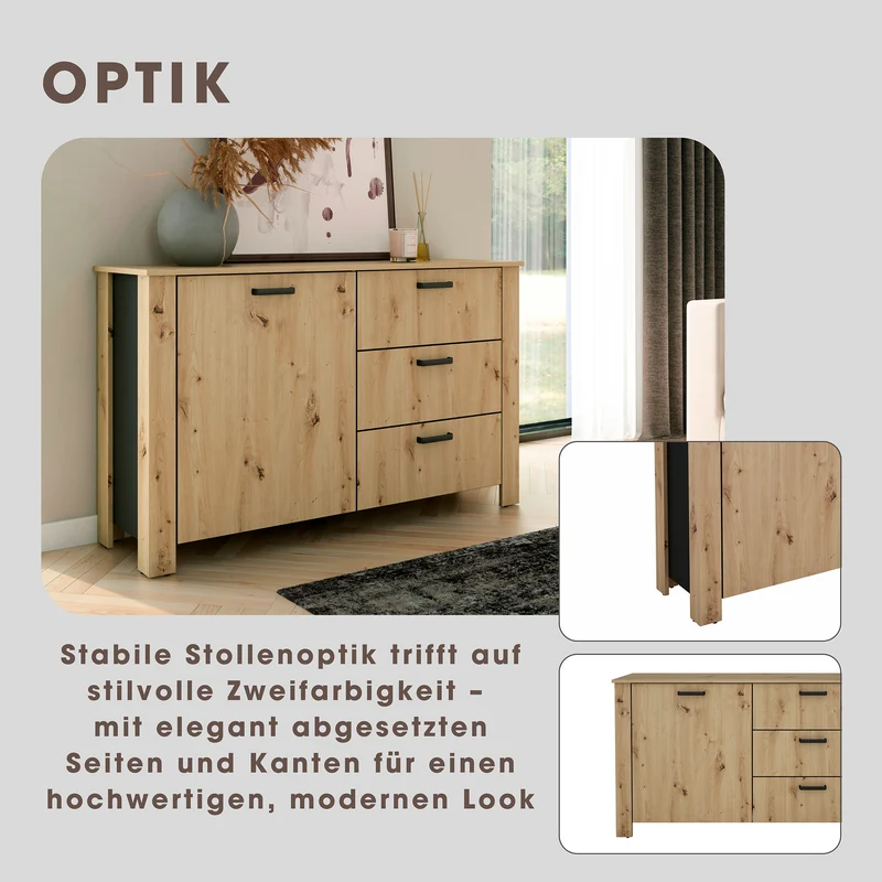 Sideboard FARO / Artisan Eiche (Eiche-Optik) oder weiß, Absetzung in schwarz / 1 Tür und 3 Schubkästen / verstellbare Einlegeböden / viel Stauraum / Kommode / Anrichte / Maße: B 140, H 84, T 40 cm