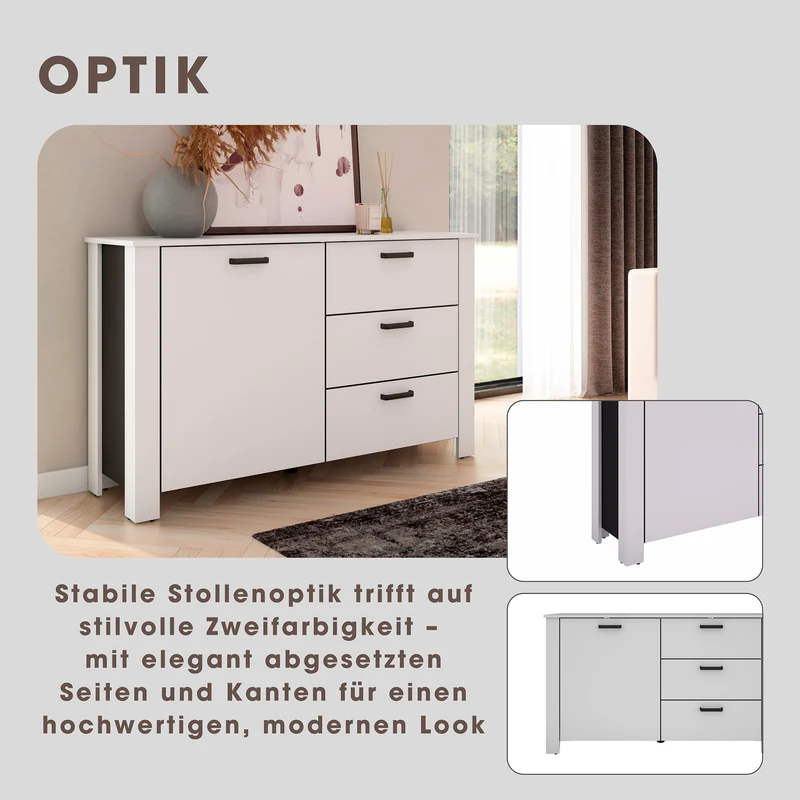 Sideboard FARO / Artisan Eiche (Eiche-Optik) oder weiß, Absetzung in schwarz / 1 Tür und 3 Schubkästen / verstellbare Einlegeböden / viel Stauraum / Kommode / Anrichte / Maße: B 140, H 84, T 40 cm