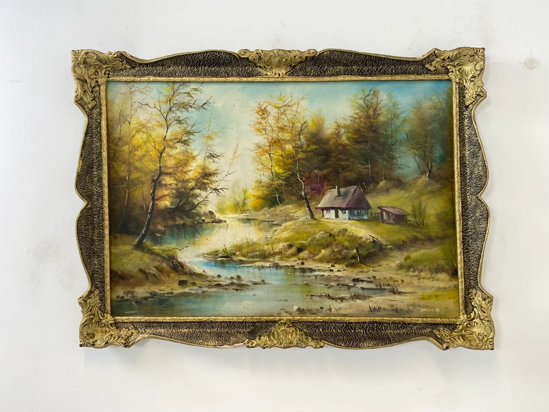 WMK Freundliches & sehr gut gemaltes Öl auf Leinwand Landschaftsgemälde, 111x80cm, signiert mit PR98, in gut erhaltenem Stuckrahmen in Gold
