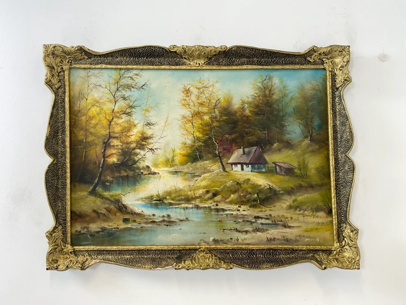 WMK Freundliches & sehr gut gemaltes Öl auf Leinwand Landschaftsgemälde, 111x80cm, signiert mit PR98, in gut erhaltenem Stuckrahmen in Gold