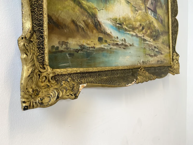 WMK Freundliches & sehr gut gemaltes Öl auf Leinwand Landschaftsgemälde, 111x80cm, signiert mit PR98, in gut erhaltenem Stuckrahmen in Gold