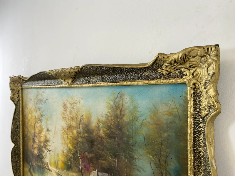 WMK Freundliches & sehr gut gemaltes Öl auf Leinwand Landschaftsgemälde, 111x80cm, signiert mit PR98, in gut erhaltenem Stuckrahmen in Gold