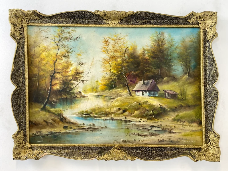 WMK Freundliches & sehr gut gemaltes Öl auf Leinwand Landschaftsgemälde, 111x80cm, signiert mit PR98, in gut erhaltenem Stuckrahmen in Gold
