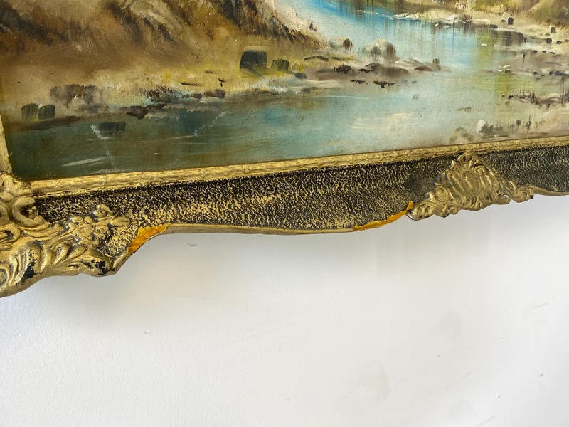 WMK Freundliches & sehr gut gemaltes Öl auf Leinwand Landschaftsgemälde, 111x80cm, signiert mit PR98, in gut erhaltenem Stuckrahmen in Gold