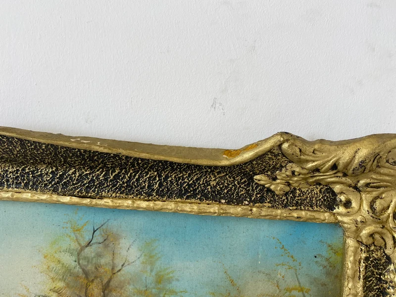 WMK Freundliches & sehr gut gemaltes Öl auf Leinwand Landschaftsgemälde, 111x80cm, signiert mit PR98, in gut erhaltenem Stuckrahmen in Gold