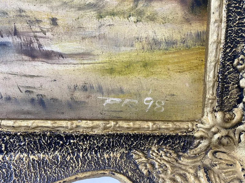 WMK Freundliches & sehr gut gemaltes Öl auf Leinwand Landschaftsgemälde, 111x80cm, signiert mit PR98, in gut erhaltenem Stuckrahmen in Gold