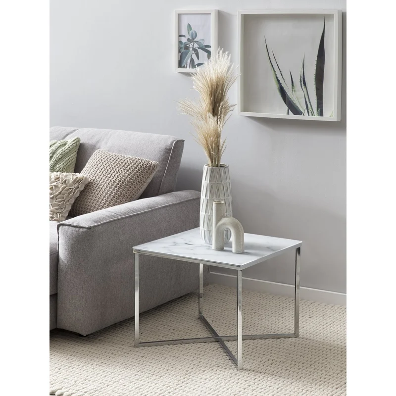 Glas-Beistelltisch Marmoroptik Weiß/Chrom – 50 × 50 cm