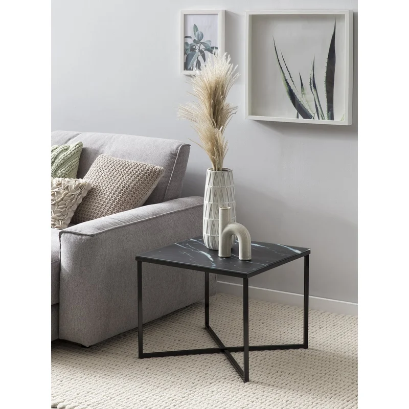 Glas-Beistelltisch Marmoroptik Schwarz – 50 × 50 cm