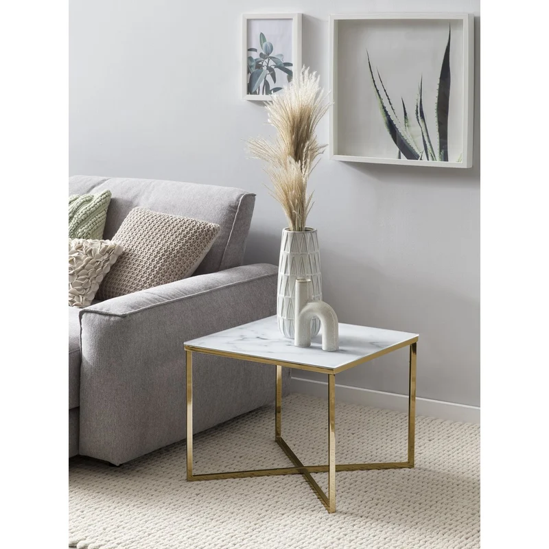 Glas-Beistelltisch Marmoroptik Weiß/Gold – 50 × 50 cm