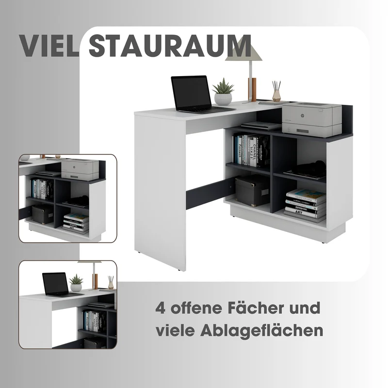 Schreibtisch BERNI / Gaming-Tisch in weiß oder Artisan Eiche (Eiche-Optik) mit graphit / Mit viel Stauraum und großer Tischplatte / Computer-Tisch / PC / Arbeits-Tisch / rechts-links montierbar / B 102, H 77,5, T 80 cm