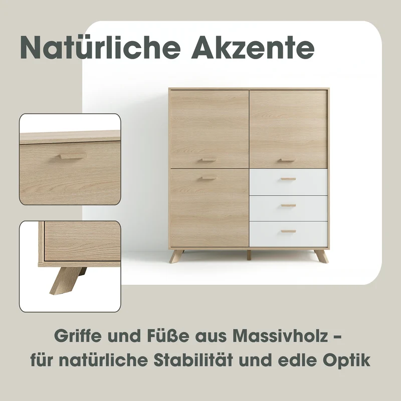 Highboard BASTIAN / Eiche bianco, weiß / Griffe und Füße Massivholz Eiche / 3 Türen, 3 Schubladen / viel Stauraum / Kommode / Schrank / Maße: B 120, H 131, T 36,5 cm