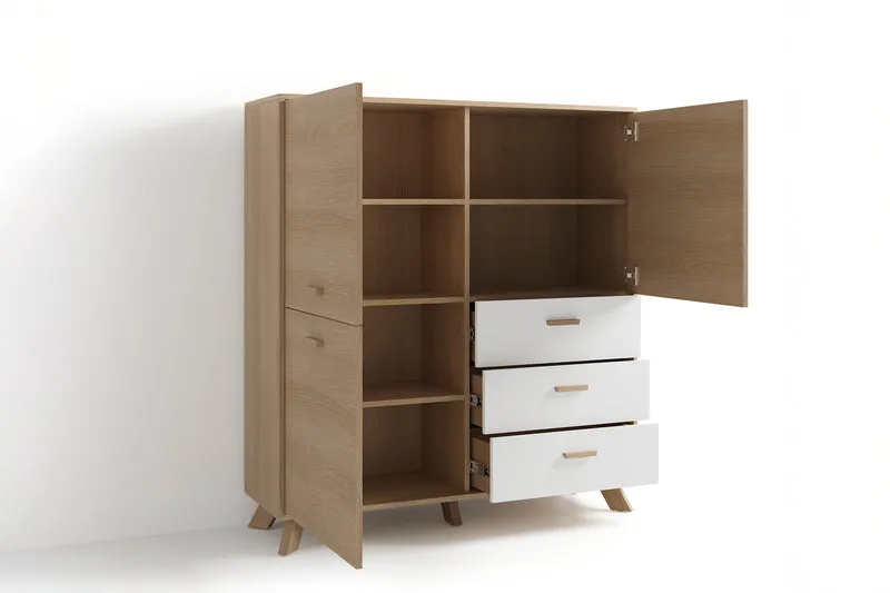 Highboard BASTIAN / Eiche bianco, weiß / Griffe und Füße Massivholz Eiche / 3 Türen, 3 Schubladen / viel Stauraum / Kommode / Schrank / Maße: B 120, H 131, T 36,5 cm