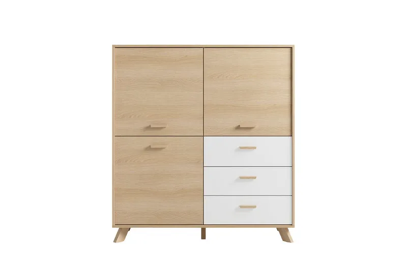 Highboard BASTIAN / Eiche bianco, weiß / Griffe und Füße Massivholz Eiche / 3 Türen, 3 Schubladen / viel Stauraum / Kommode / Schrank / Maße: B 120, H 131, T 36,5 cm