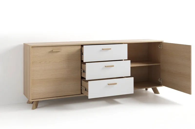 Sideboard BASTIAN / Eiche bianco, weiß / Griffe und Füße Massivholz Eiche / 3 Schubkästen und 2 Türen / viel Stauraum / Kommode / Anrichte / Maße: B 180, H 72,5, T 36,5 cm