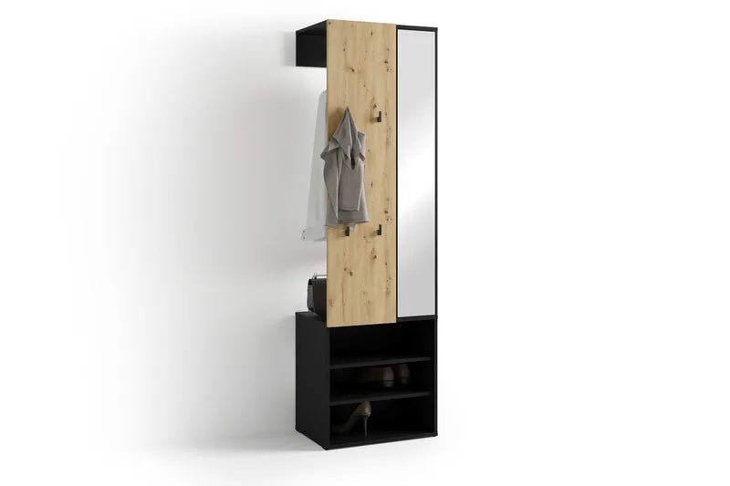 Kompaktgarderobe ANDORRA / Artisan Eiche (Eiche-Optik) oder weiß mit schwarz / Spiegel, Kleiderstange und Schuhfächer / Garderobenschrank / Flurgarderobe / Maße: B 55, H 187,5, T 40,5 cm