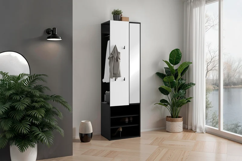 Kompaktgarderobe ANDORRA / Artisan Eiche (Eiche-Optik) oder weiß mit schwarz / Spiegel, Kleiderstange und Schuhfächer / Garderobenschrank / Flurgarderobe / Maße: B 55, H 187,5, T 40,5 cm