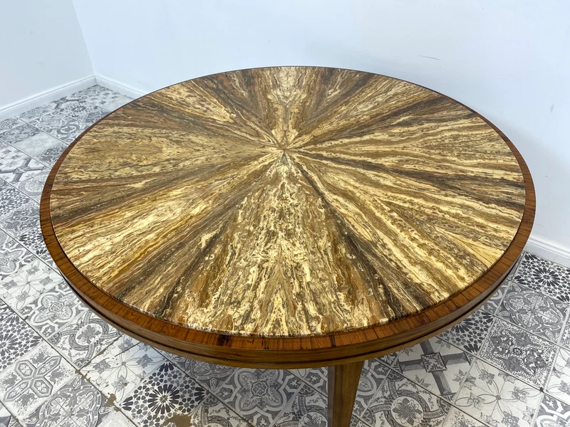 WMK Sehr gut erhaltener runder Mid-Century Designercouchtisch in skandinavischem Design von Berthold Müller mit schöner Natursteinplatte & Holzgstell aus Palisander