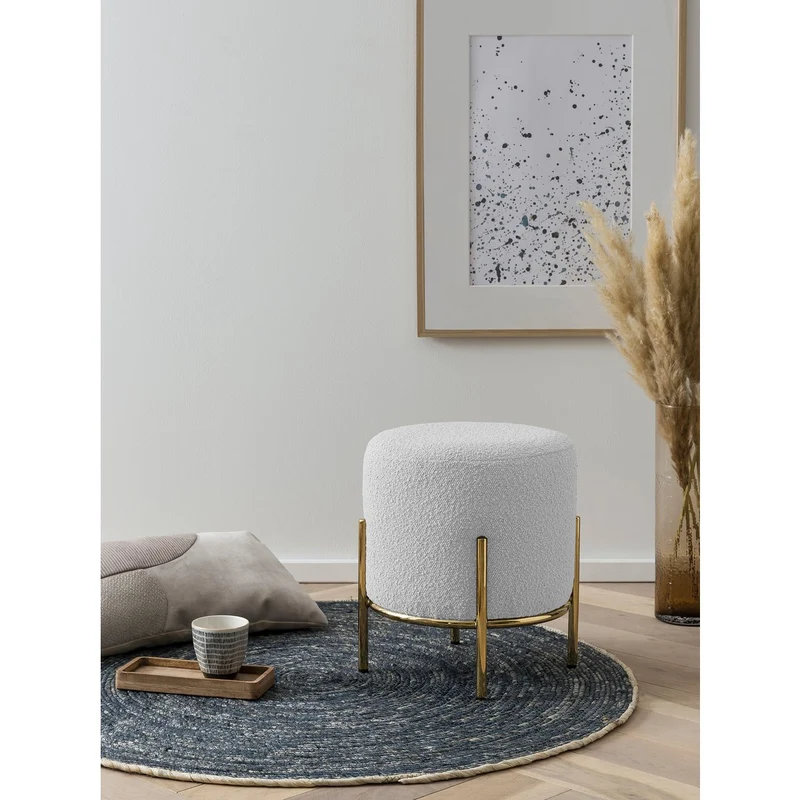 Bouclé-Sitzhocker Weiß/Gold – Ø 35 cm