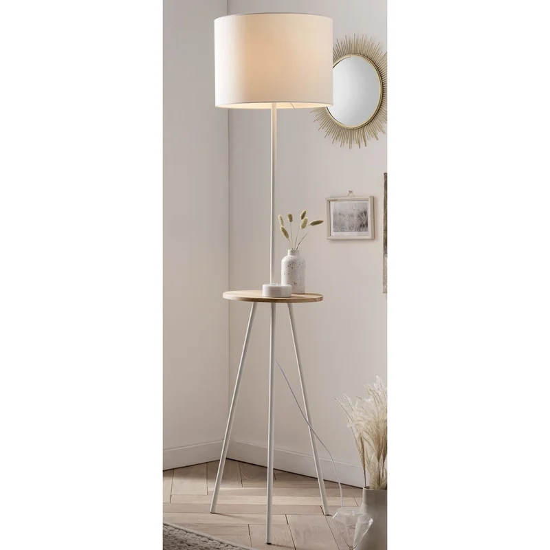 Stehleuchte mit Holztablett, Weiß/Natur – 152 cm