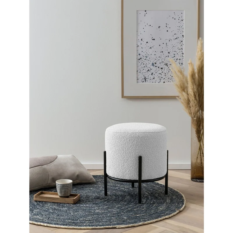 Bouclé-Sitzhocker Weiß/Schwarz – Ø 35 cm
