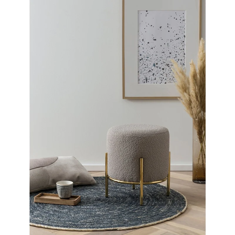Bouclé-Sitzhocker Taupe/Gold – Ø 35 cm