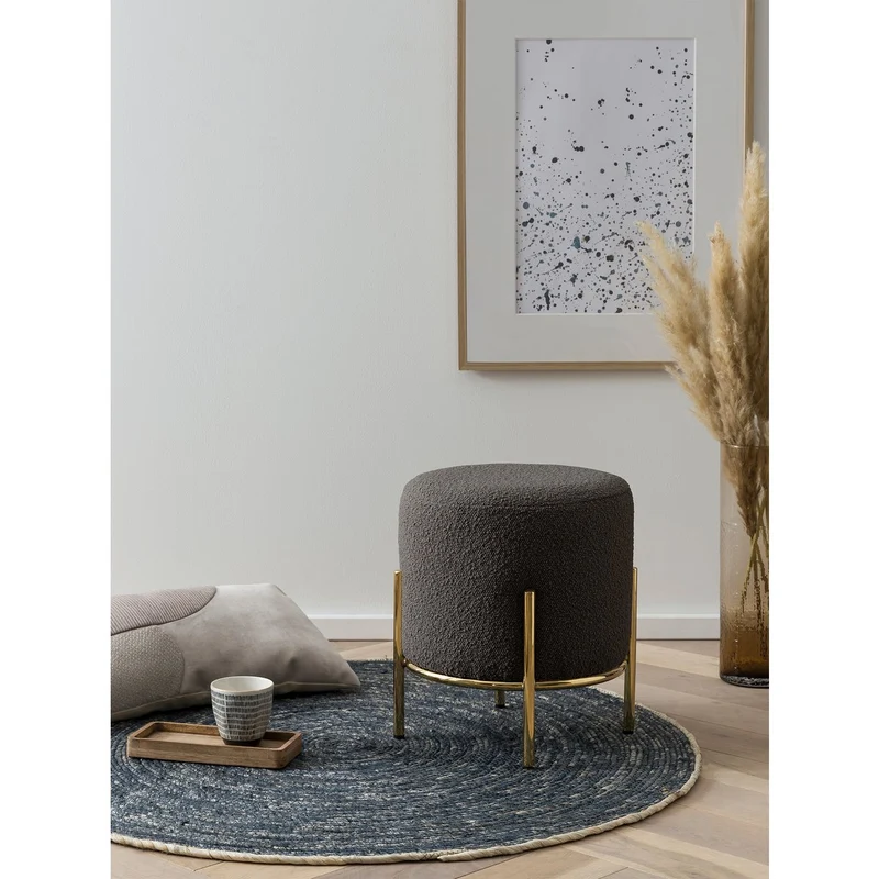 Bouclé-Sitzhocker Anthrazit/Gold – Ø 35 cm