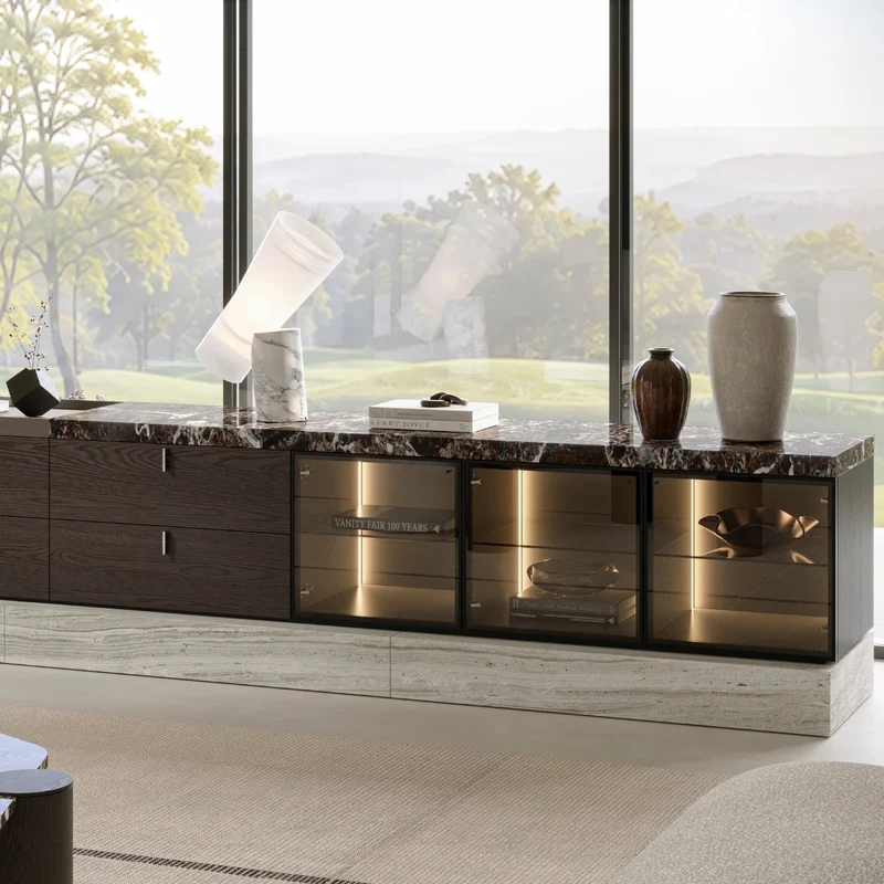 Evanyrouse Blanc Glas 280 cm TV-Möbel schmaler Sockel mit Beleuchtung