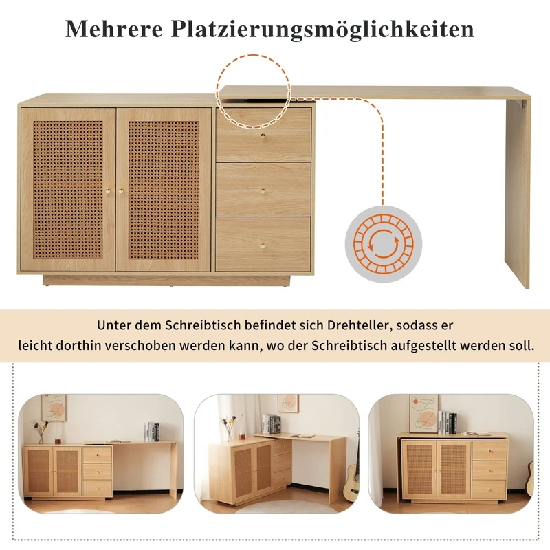 L-förmiger Ecktisch mit Rattantüren