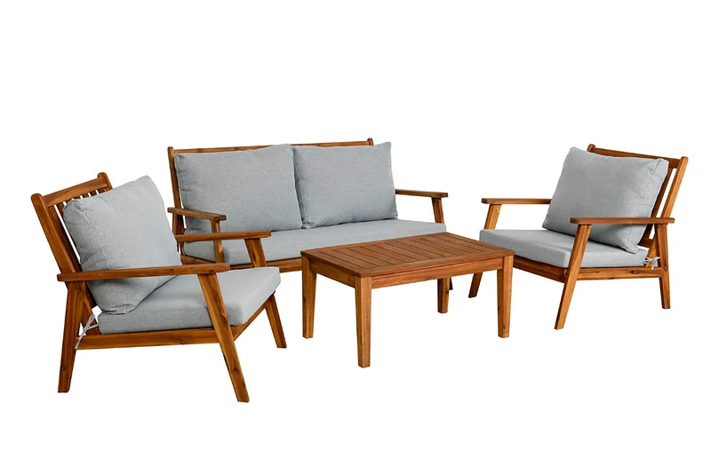 Outdoor Sofa-Set LA PALMA / Akazie massiv, natur / Webstoff hellgrau / 2-Sitzer: B 134, H 75, T 75 cm, Sessel (2x): B 70, H 75, T 75 cm, Couchtisch: B 100, H 40, T 50 cm