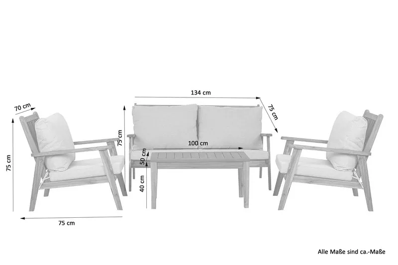 Outdoor Sofa-Set LA PALMA / Akazie massiv, natur / Webstoff hellgrau / 2-Sitzer: B 134, H 75, T 75 cm, Sessel (2x): B 70, H 75, T 75 cm, Couchtisch: B 100, H 40, T 50 cm