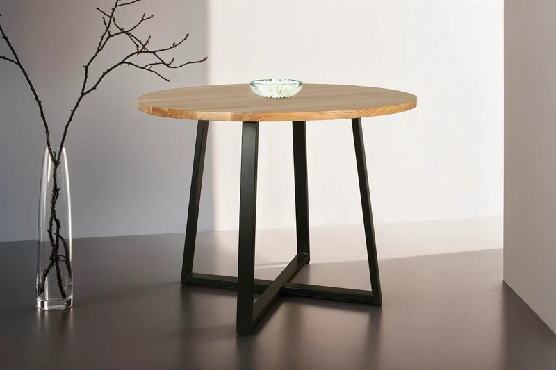 Esstisch ARROW / Rund / Tischplatte Massivholz Akazie natur / Gestell Metall schwarz / D 100, H 77 cm