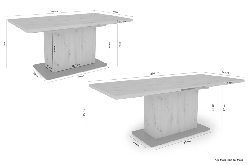 Esszimmertisch ATHEN / Light Atelier (Beton-Optik), Old Wood (Altholz-Optik) oder Artisan Eiche (Eiche-Optik) / großer Auszugstisch 160 cm bis 200 cm / Säulentisch mit Ausziehfunktion / Tisch mit Synchronauszug und Einlegeplatte / 160-200 x 90, H 75 cm