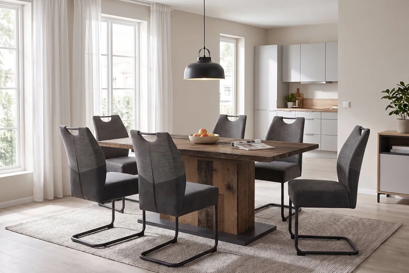 Esszimmertisch ATHEN / Light Atelier (Beton-Optik), Old Wood (Altholz-Optik) oder Artisan Eiche (Eiche-Optik) / großer Auszugstisch 160 cm bis 200 cm / Säulentisch mit Ausziehfunktion / Tisch mit Synchronauszug und Einlegeplatte / 160-200 x 90, H 75 cm
