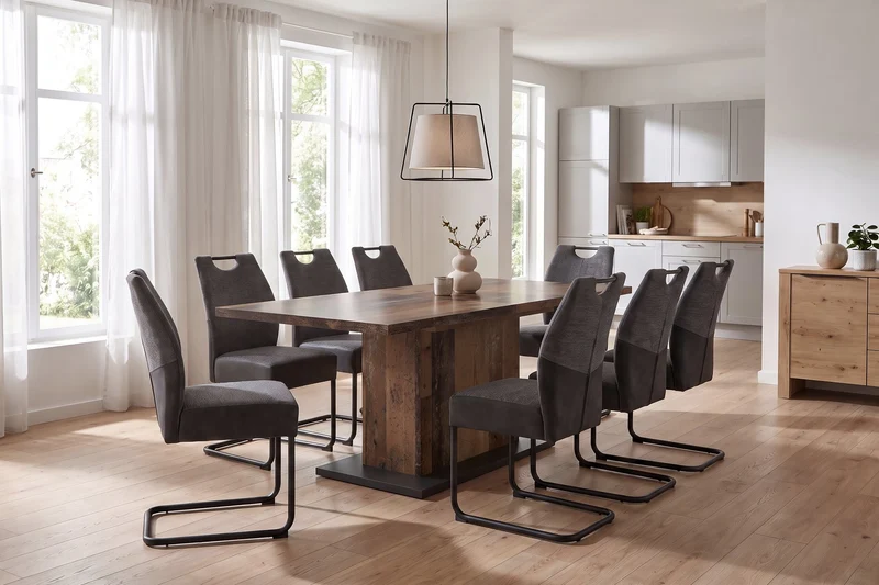 Esszimmertisch ATHEN / Light Atelier (Beton-Optik), Old Wood (Altholz-Optik) oder Artisan Eiche (Eiche-Optik) / großer Auszugstisch 160 cm bis 200 cm / Säulentisch mit Ausziehfunktion / Tisch mit Synchronauszug und Einlegeplatte / 160-200 x 90, H 75 cm
