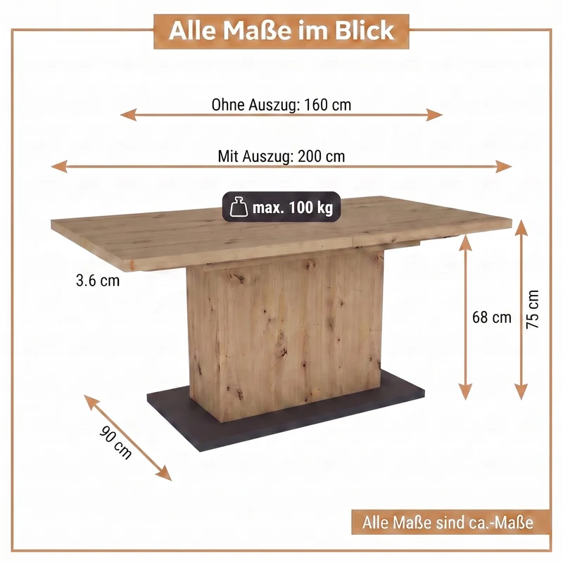 Esszimmertisch ATHEN / Light Atelier (Beton-Optik), Old Wood (Altholz-Optik) oder Artisan Eiche (Eiche-Optik) / großer Auszugstisch 160 cm bis 200 cm / Säulentisch mit Ausziehfunktion / Tisch mit Synchronauszug und Einlegeplatte / 160-200 x 90, H 75 cm