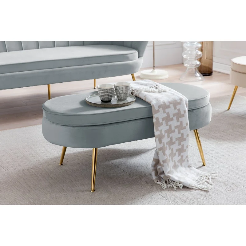Ovaler Sitzpouf Samtoptik Hellgrau/Gold – 99 cm