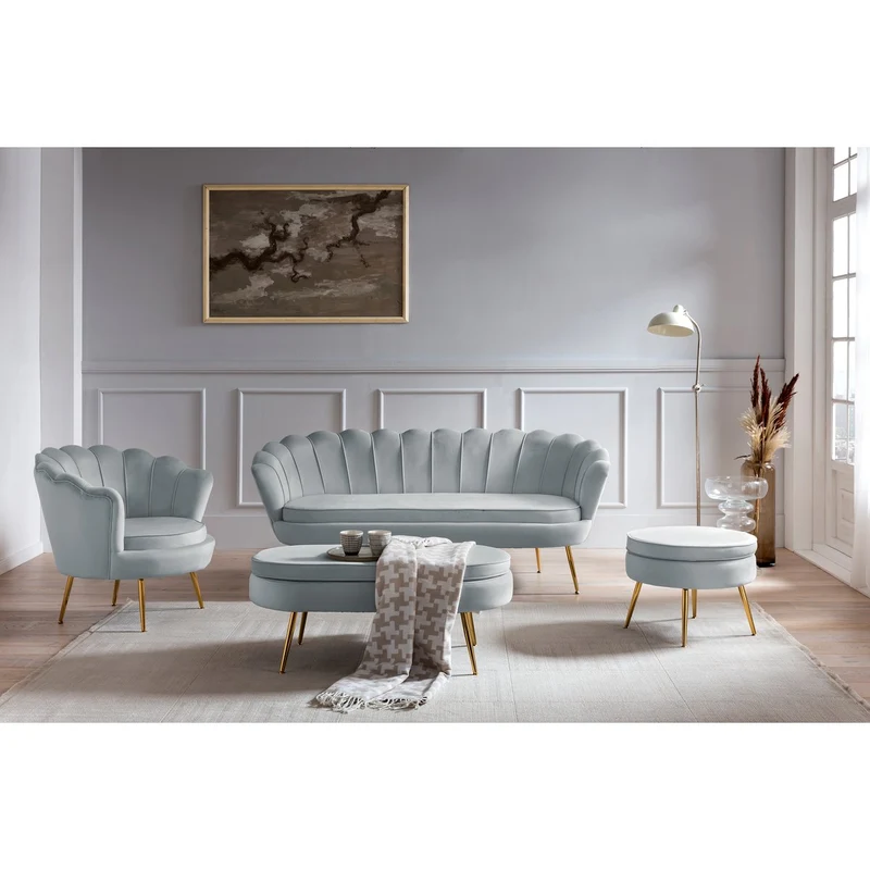 Ovaler Sitzpouf Samtoptik Hellgrau/Gold – 99 cm