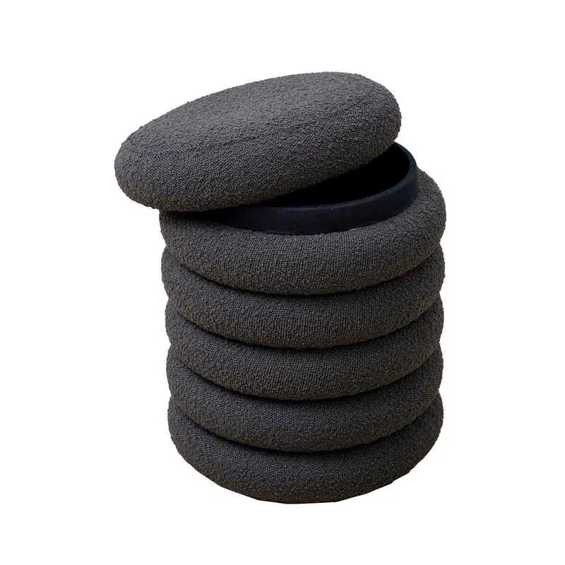 Bouclé-Sitzhocker mit Stauraum, Anthrazit – Ø 38 cm