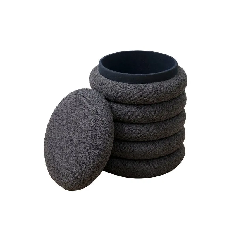 Bouclé-Sitzhocker mit Stauraum, Anthrazit – Ø 38 cm