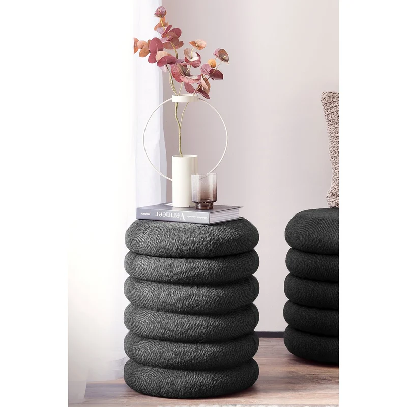 Bouclé-Sitzhocker mit Stauraum, Anthrazit – Ø 38 cm
