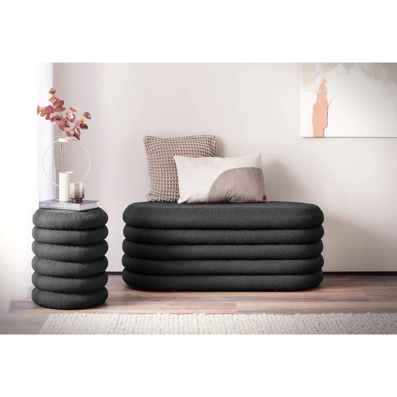 Bouclé-Sitzhocker mit Stauraum, Anthrazit – Ø 38 cm