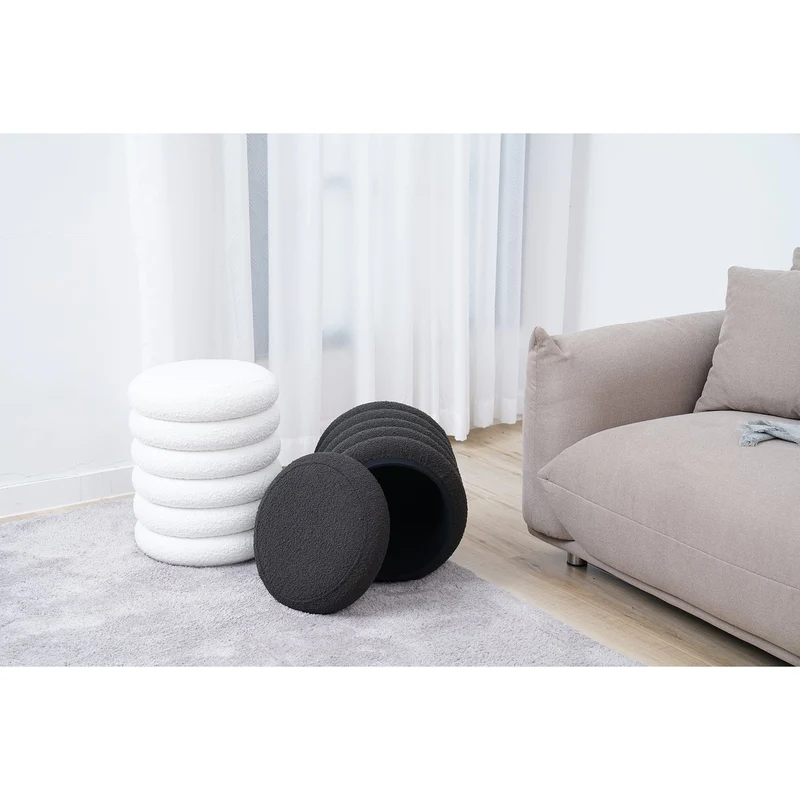 Bouclé-Sitzhocker mit Stauraum, Anthrazit – Ø 38 cm