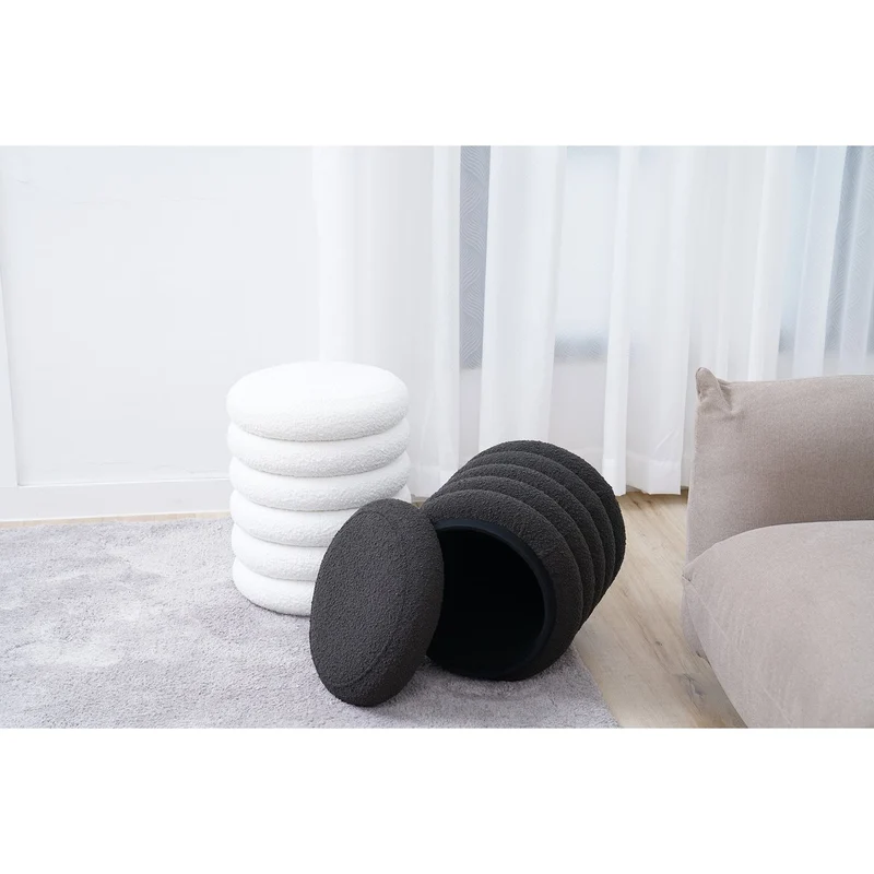 Bouclé-Sitzhocker mit Stauraum, Anthrazit – Ø 38 cm