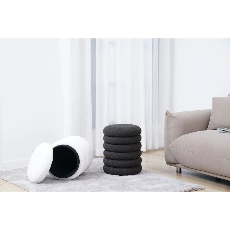 Bouclé-Sitzhocker mit Stauraum, Anthrazit – Ø 38 cm