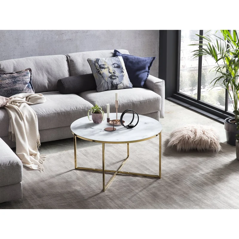 Glas-Couchtisch in Marmoroptik, Weiß/Gold – Ø 80 cm
