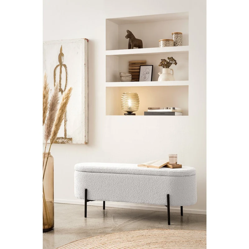 Bettbank mit Stauraum und Bouclé – Weiß, 110 cm